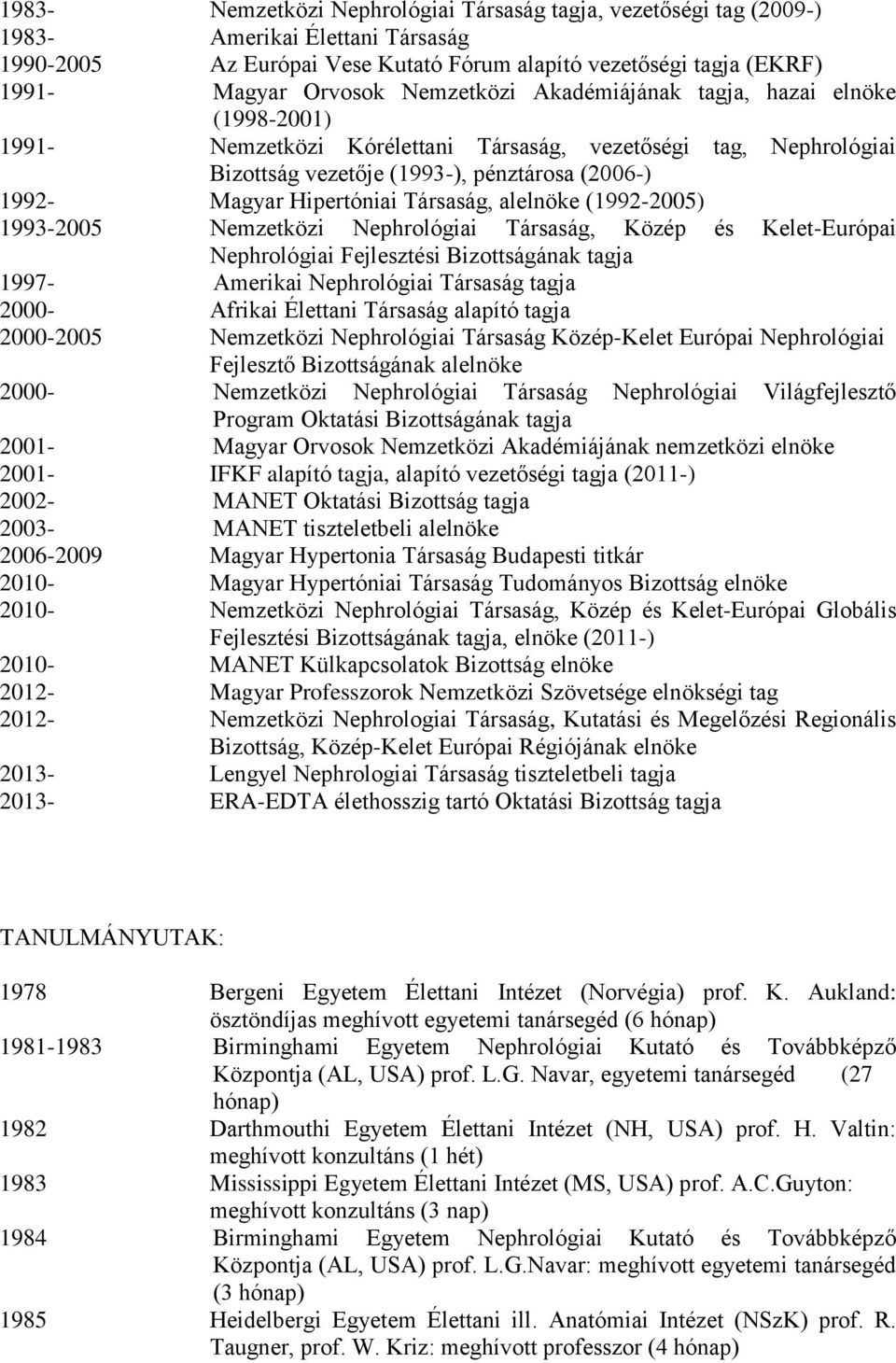 Társaság, alelnöke (1992-2005) 1993-2005 Nemzetközi Nephrológiai Társaság, Közép és Kelet-Európai Nephrológiai Fejlesztési Bizottságának tagja 1997- Amerikai Nephrológiai Társaság tagja 2000- Afrikai