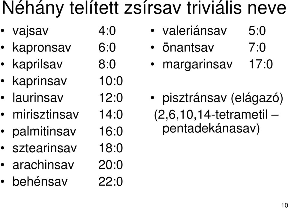 sztearinsav 18:0 arachinsav 20:0 behénsav 22:0 valeriánsav 5:0 önantsav