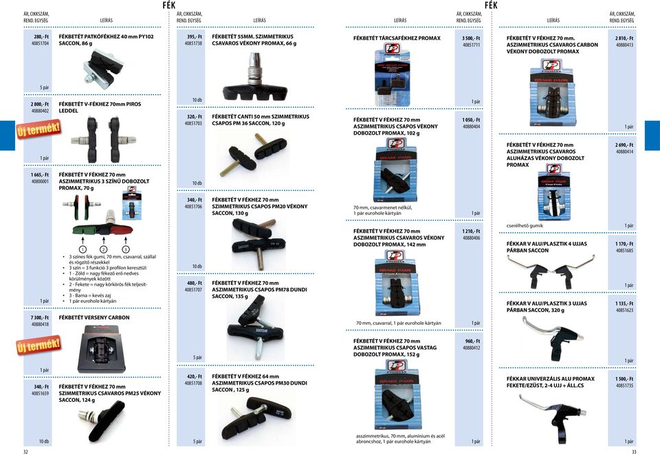 ASZIMMETRIKUS CSAVAROS CARBON VÉKONY DOBOZOLT PROMAX 2 810,- Ft 40880413 5 pár 2 800,- Ft 40880402 FÉKBETÉT V-FÉKHEZ 70mm PIROS LEDDEL 320,- Ft 40851703 FÉKBETÉT CANTI 50 mm SZIMMETRIKUS CSAPOS PM 36