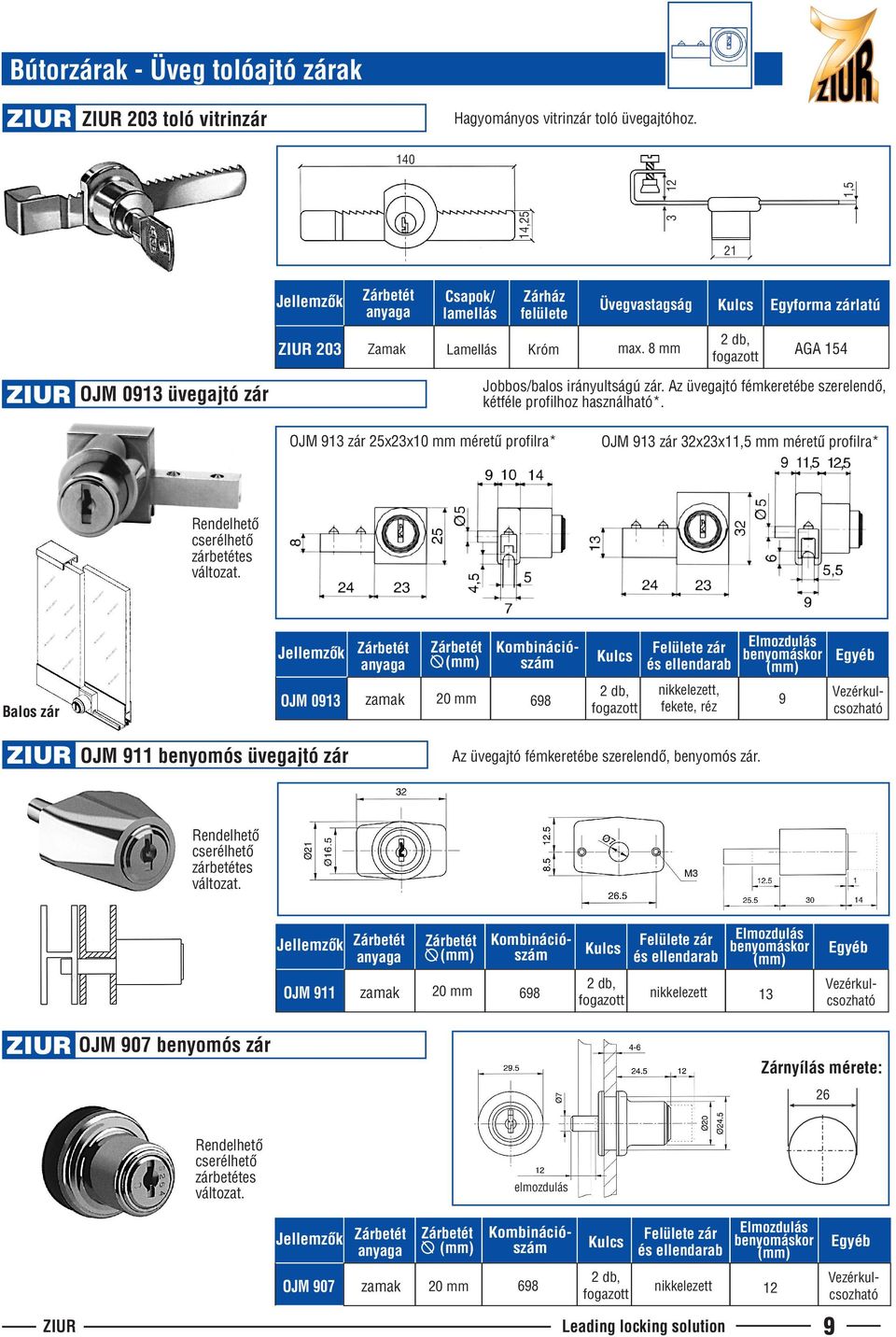 OJM 913 zár 25x23x10 mm méretû profilra* OJM 913 zár 32x23x11,5 mm méretû profilra* Rendelhetô cserélhetô zárbetétes változat.