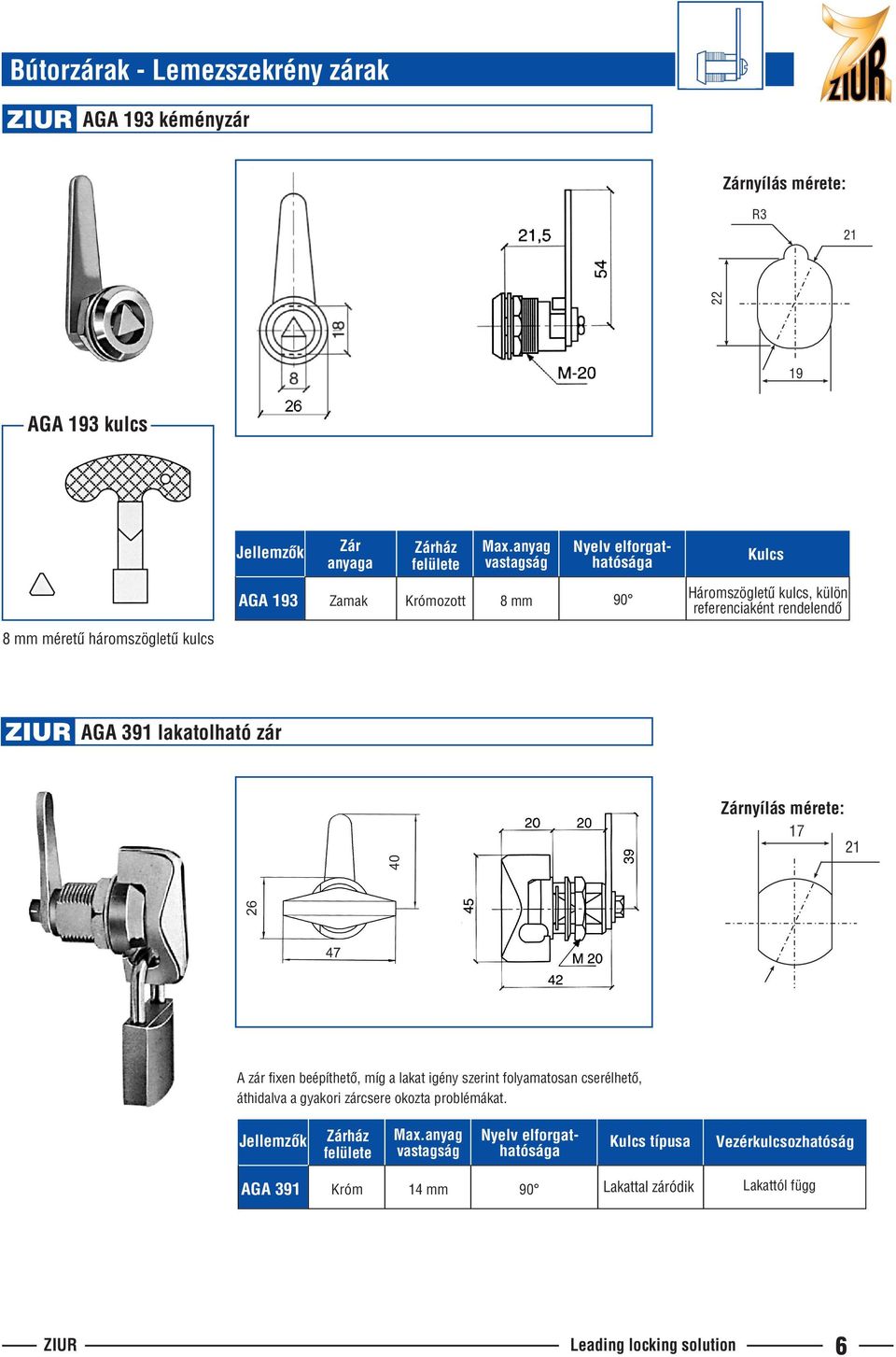 háromszögletû kulcs AGA 391 lakatolható zár 40 17 21 26 47 A zár fixen beépíthetõ, míg a lakat igény szerint folyamatosan