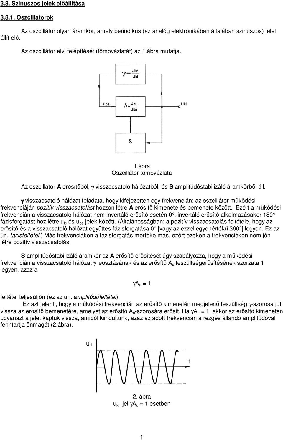 γ visszacsatoló hálózat feladata, hogy kifejezetten egy frekvencián: az oszcillátor működési frekvenciáján pozitív visszacsatolást hozzon létre A erősítő kimenete és bemenete között.