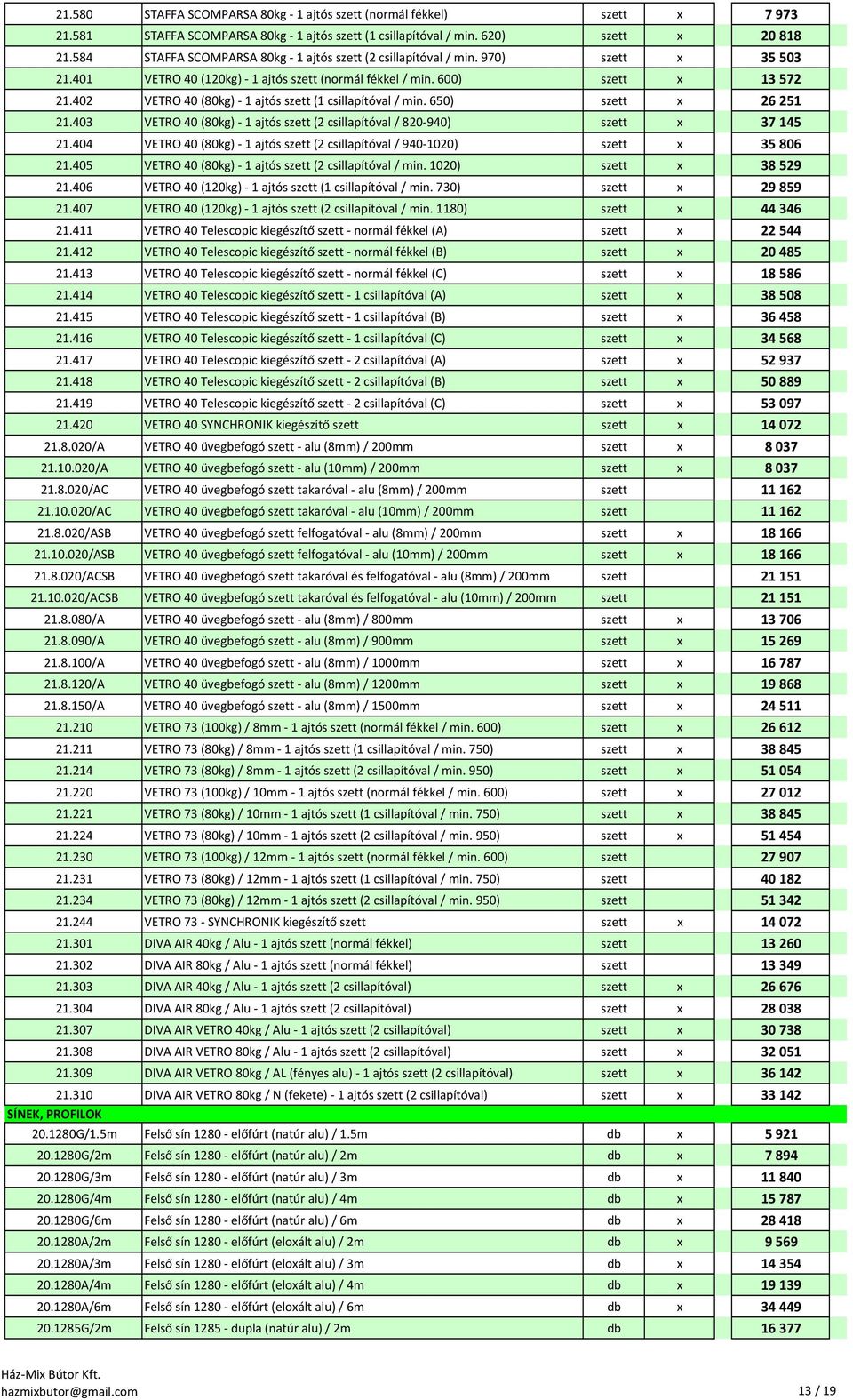 402 VETRO 40 (80kg) - 1 ajtós szett (1 csillapítóval / min. 650) szett x 26 251 21.403 VETRO 40 (80kg) - 1 ajtós szett (2 csillapítóval / 820-940) szett x 37 145 21.