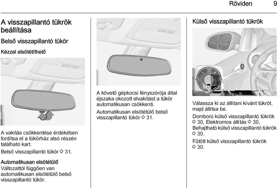 A követő gépkocsi fényszórója által éjszaka okozott elvakítást a tükör automatikusan csökkenti. Automatikusan elsötétülő belső visszapillantó tükör 3 31.