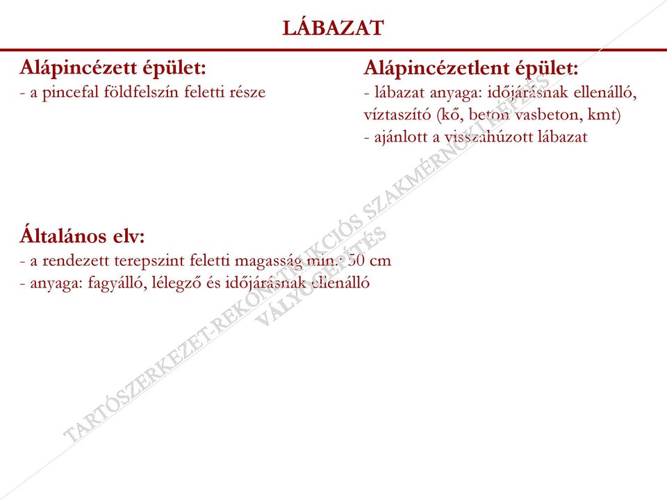 beton vasbeton, kmt) - ajánlott a visszahúzott lábazat Általános elv: - a