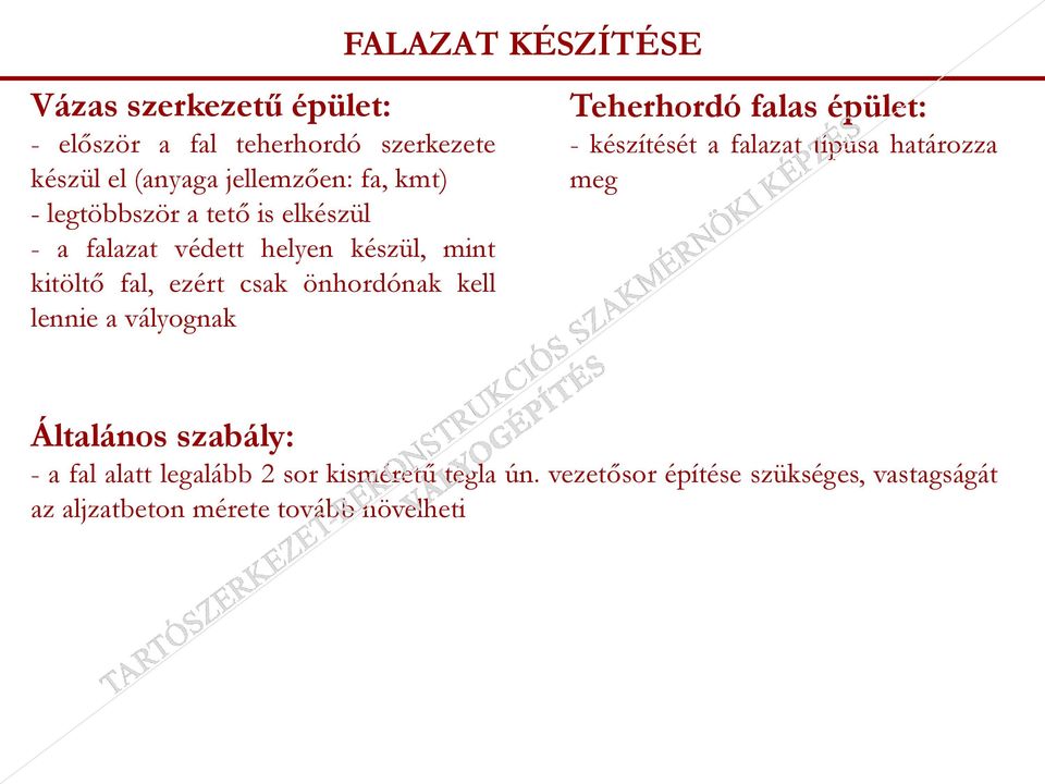 FALAZAT KÉSZÍTÉSE Teherhordó falas épület: - készítését a falazat típusa határozza meg Általános szabály: - a fal