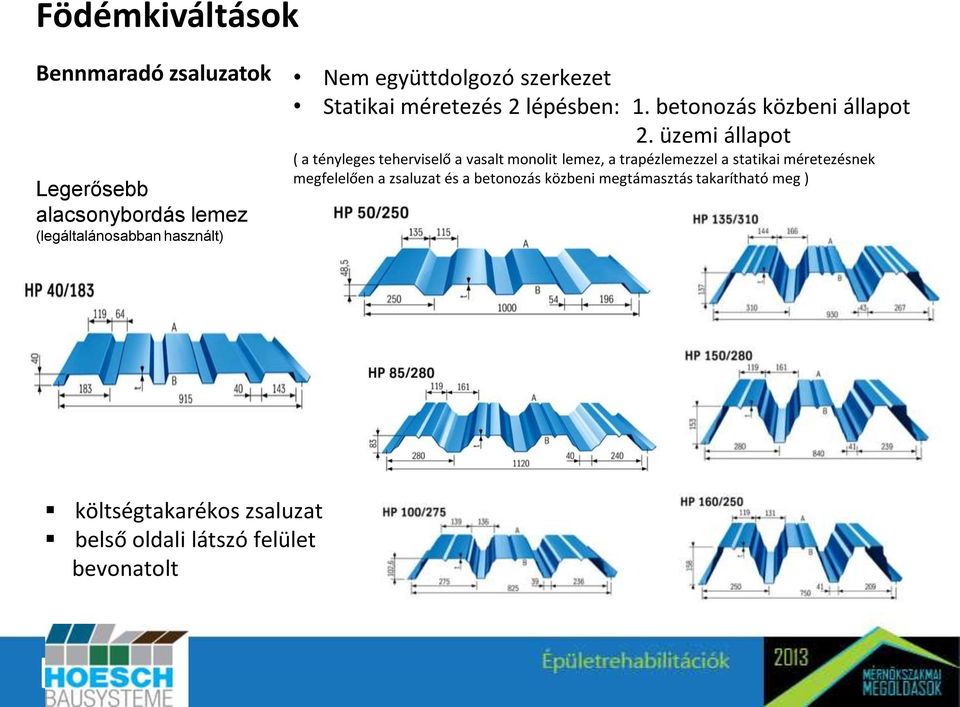 üzemi állapot ( a tényleges teherviselő a vasalt monolit lemez, a trapézlemezzel a statikai méretezésnek