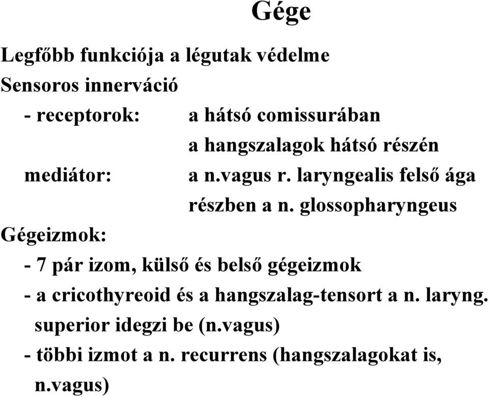 glossopharyngeus Gégeizmok: - 7 pár izom, külső és belső gégeizmok - a cricothyreoid és a