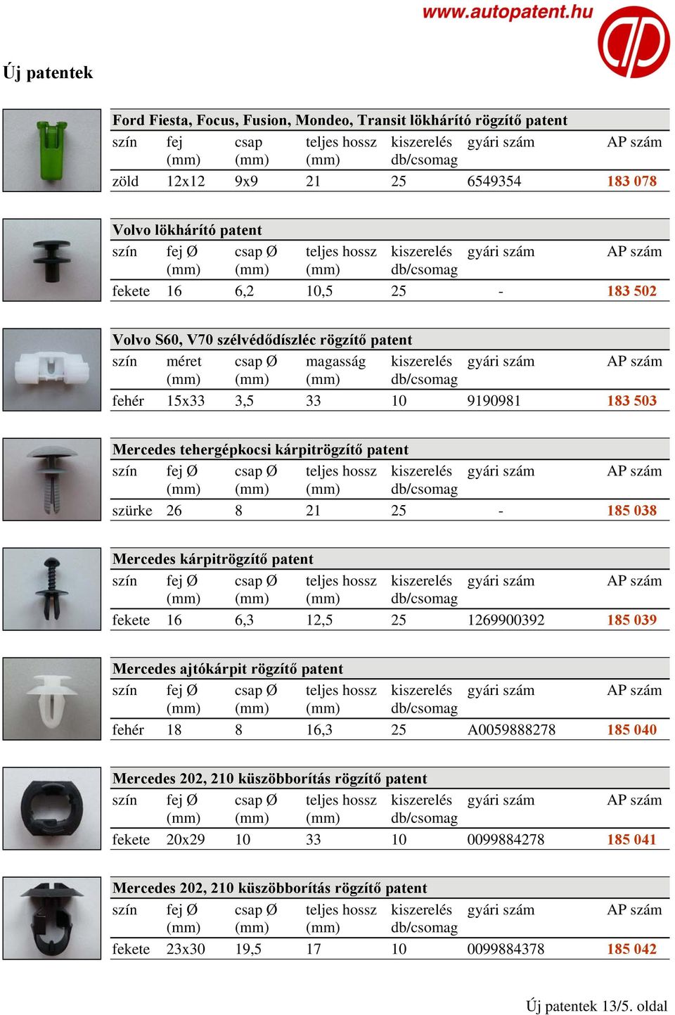 21 25-185 038 Mercedes kárpitrögzítő patent fekete 16 6,3 12,5 25 1269900392 185 039 Mercedes ajtókárpit rögzítő patent fehér 18 8 16,3 25 A0059888278 185 040 Mercedes 202, 210