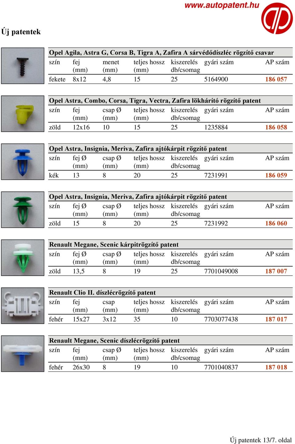 Insignia, Meriva, Zafira ajtókárpit rögzítő patent zöld 15 8 20 25 7231992 186 060 Renault Megane, Scenic kárpitrögzítő patent zöld 13,5 8 19 25 7701049008 187 007 Renault Clio II.