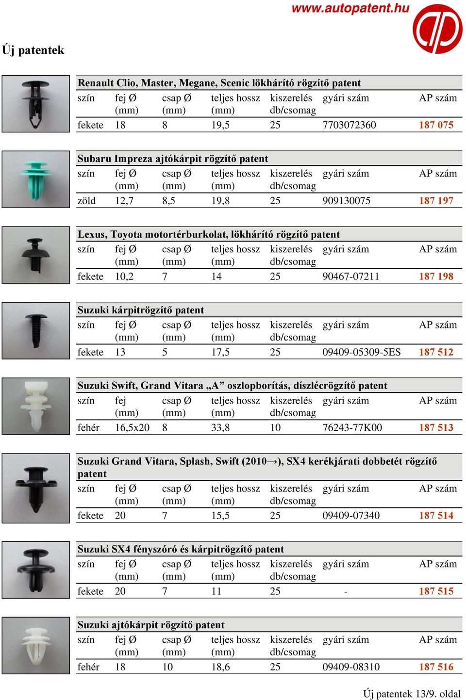 oszlopborítás, díszlécrögzítő patent szín fej csap Ø teljes hossz fehér 16,5x20 8 33,8 10 76243-77K00 187 513 Suzuki Grand Vitara, Splash, Swift (2010 ), SX4 kerékjárati dobbetét rögzítő patent