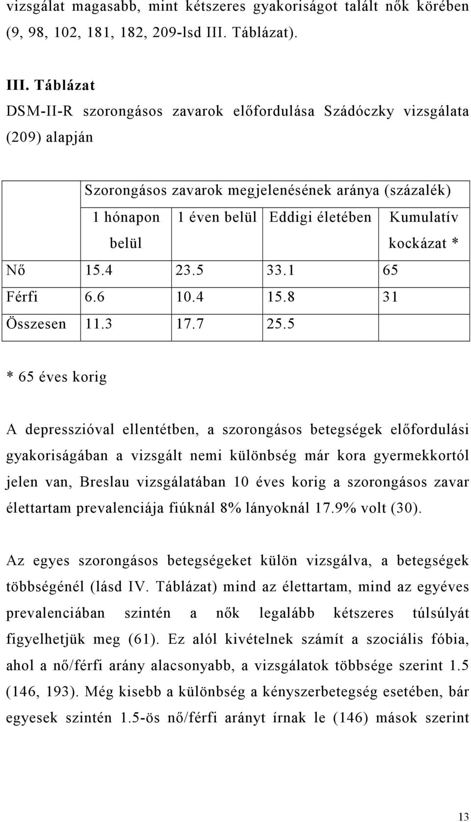 Táblázat DSM-II-R szorongásos zavarok előfordulása Szádóczky vizsgálata (209) alapján Szorongásos zavarok megjelenésének aránya (százalék) 1 hónapon belül 1 éven belül Eddigi életében Kumulatív