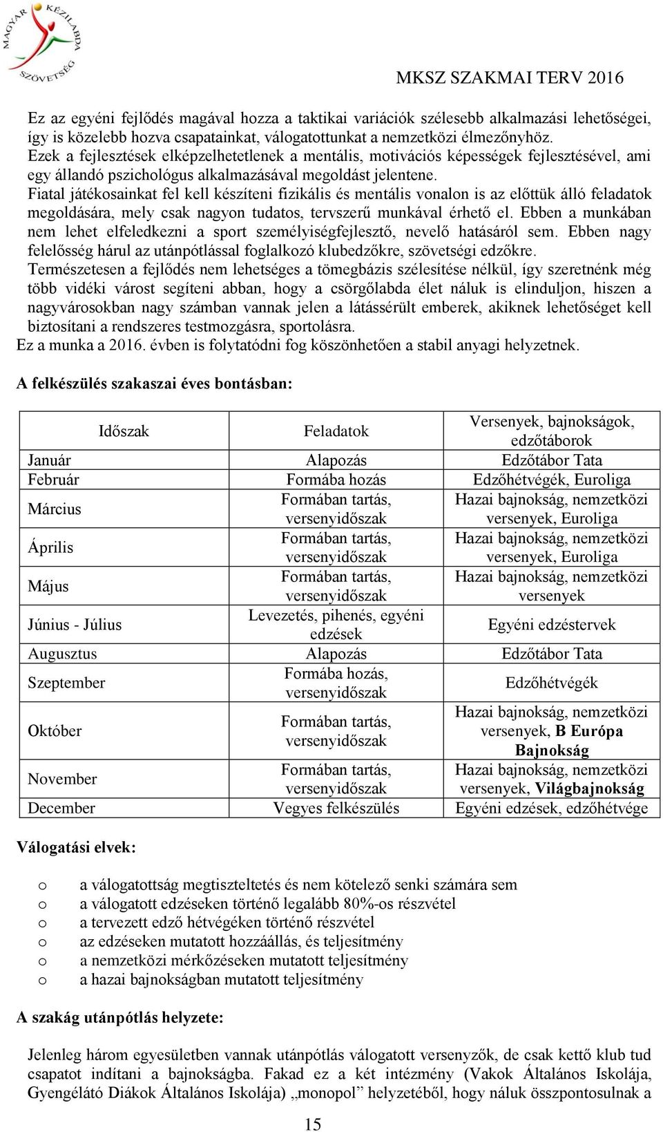 Fiatal játékosainkat fel kell készíteni fizikális és mentális vonalon is az előttük álló feladatok megoldására, mely csak nagyon tudatos, tervszerű munkával érhető el.