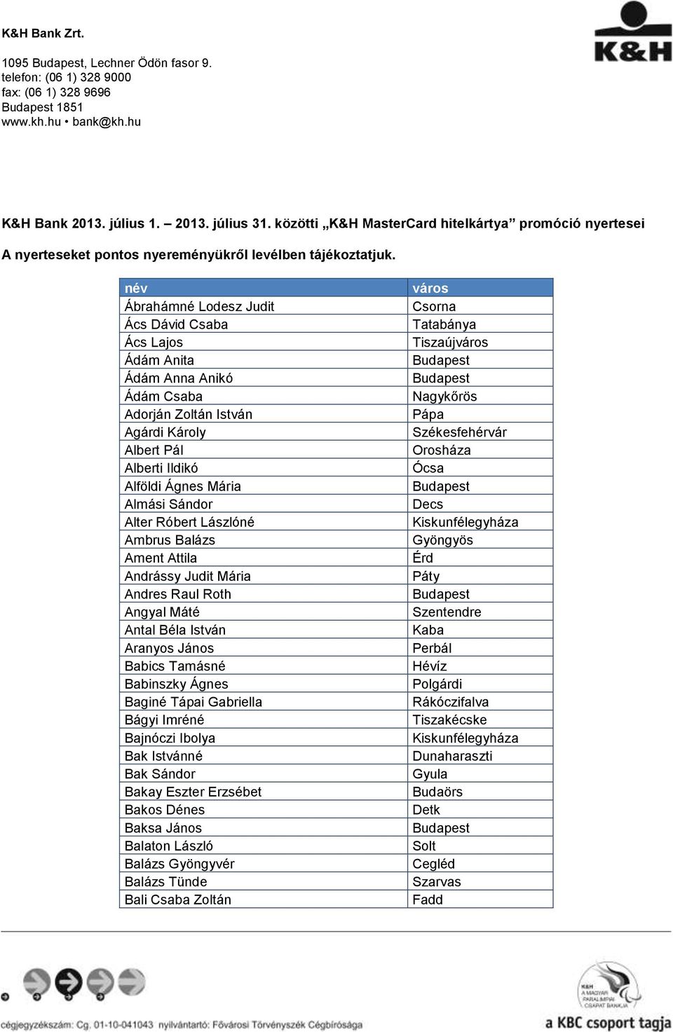 K&H Bank július július 31. közötti K&H MasterCard hitelkártya promóció  nyertesei. Ábrahámné Lodesz Judit. Adorján Zoltán István - PDF Ingyenes  letöltés