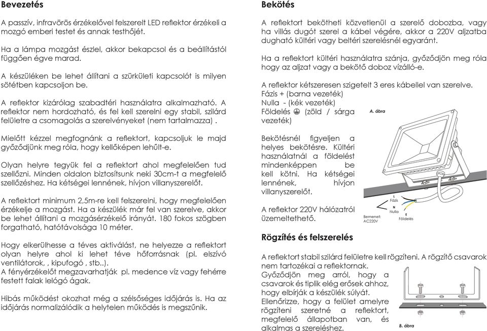 A reflektor nem hordozható, és fel kell szerelni egy stabil, szilárd felületre a csomagolás a szerelvényeket (nem tartalmazza).