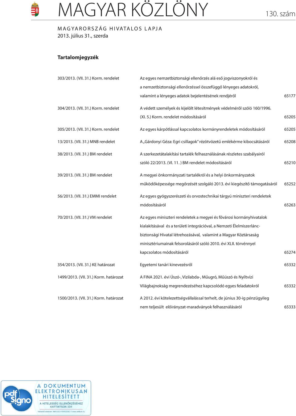304/2013. (VII. 31.) Korm. rendelet A védett személyek és kijelölt létesítmények védelméről szóló 160/1996. (XI. 5.) Korm. rendelet módosításáról 65205 305/2013. (VII. 31.) Korm. rendelet Az egyes kárpótlással kapcsolatos kormányrendeletek módosításáról 65205 13/2013.
