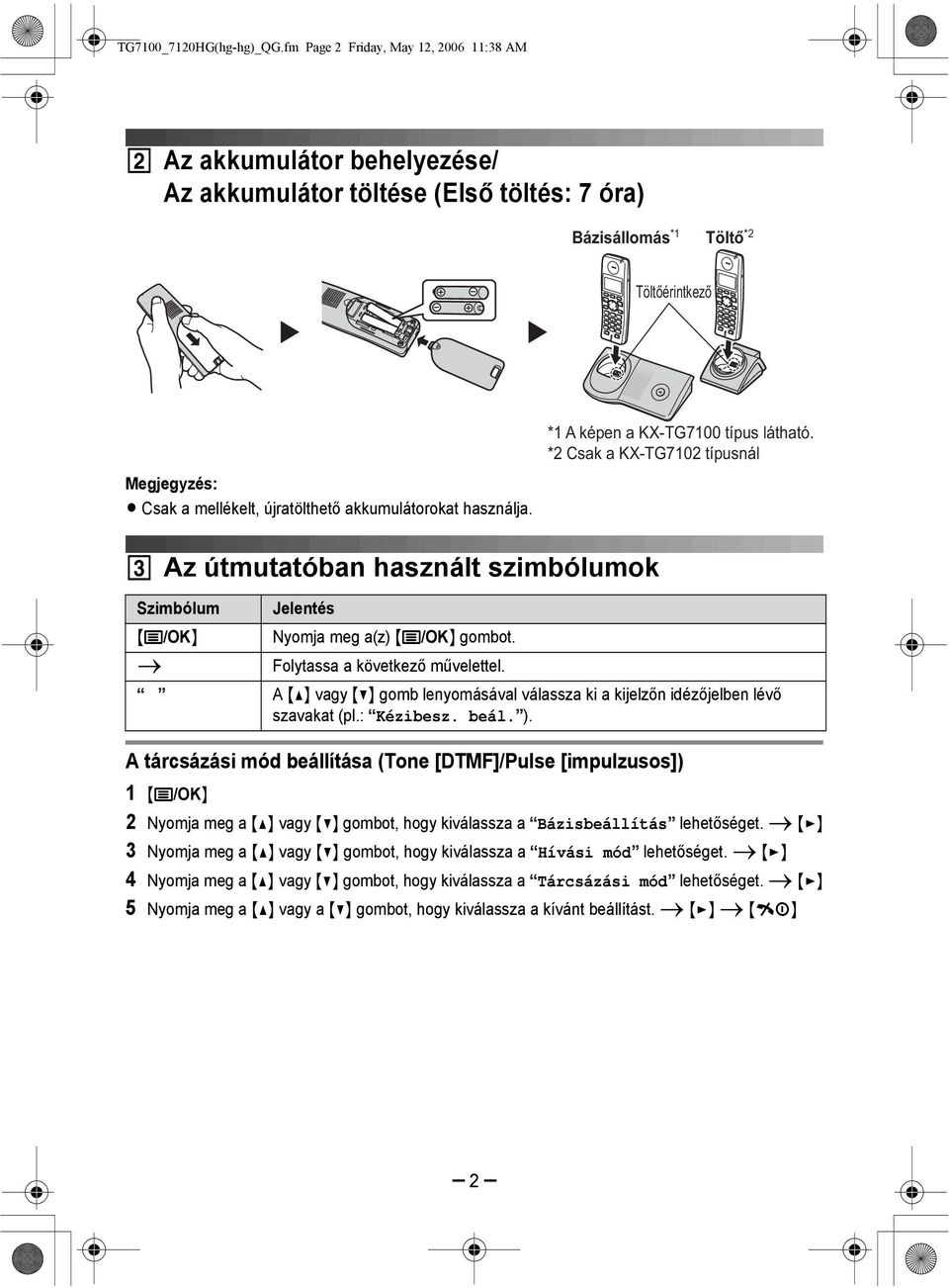 akkumulátorokat használja. *1 A képen a KX-TG7100 típus látható. *2 Csak a KX-TG7102 típusnál 3 Az útmutatóban használt szimbólumok Szimbólum {j/ok} i Jelentés Nyomja meg a(z) {j/ok} gombot.