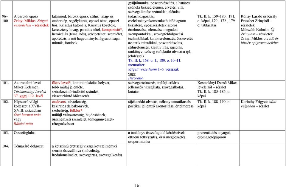 kompozíció*, heroizálás (téma, hős), üdvtörténeti szemlélet, apoteózis, a mű hagyományba ágyazottsága: minták, források fiktív levél*, kommunikációs helyzet, több műfaj jelenléte,