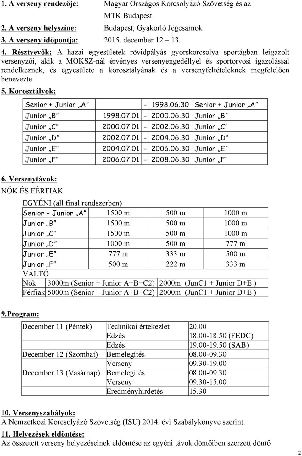 korosztályának és a versenyfeltételeknek megfelelően benevezte. 5. Korosztályok: Senior + Junior A Junior B Junior C Junior D Junior E Junior F 6. Versenytávok: NŐK ÉS FÉRFIAK 9.Program: - 1998.06.