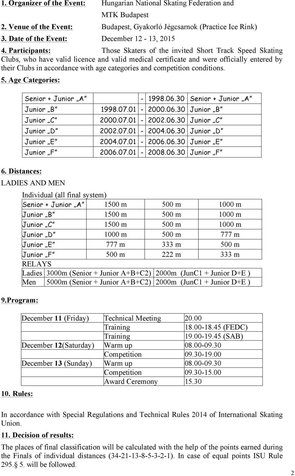 categories and competition conditions. 5. Age Categories: Senior + Junior A Junior B Junior C Junior D Junior E Junior F - 1998.06.30 Senior + Junior A 1998.07.01-2000.06.30 Junior B 2000.07.01-2002.