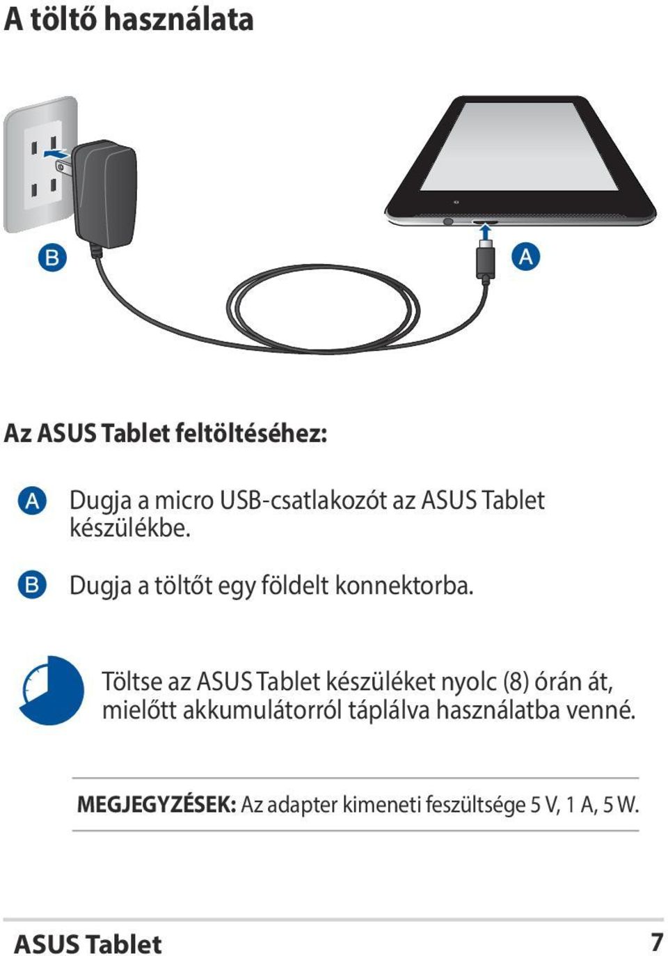 Töltse az ASUS Tablet készüléket nyolc (8) órán át, mielőtt akkumulátorról