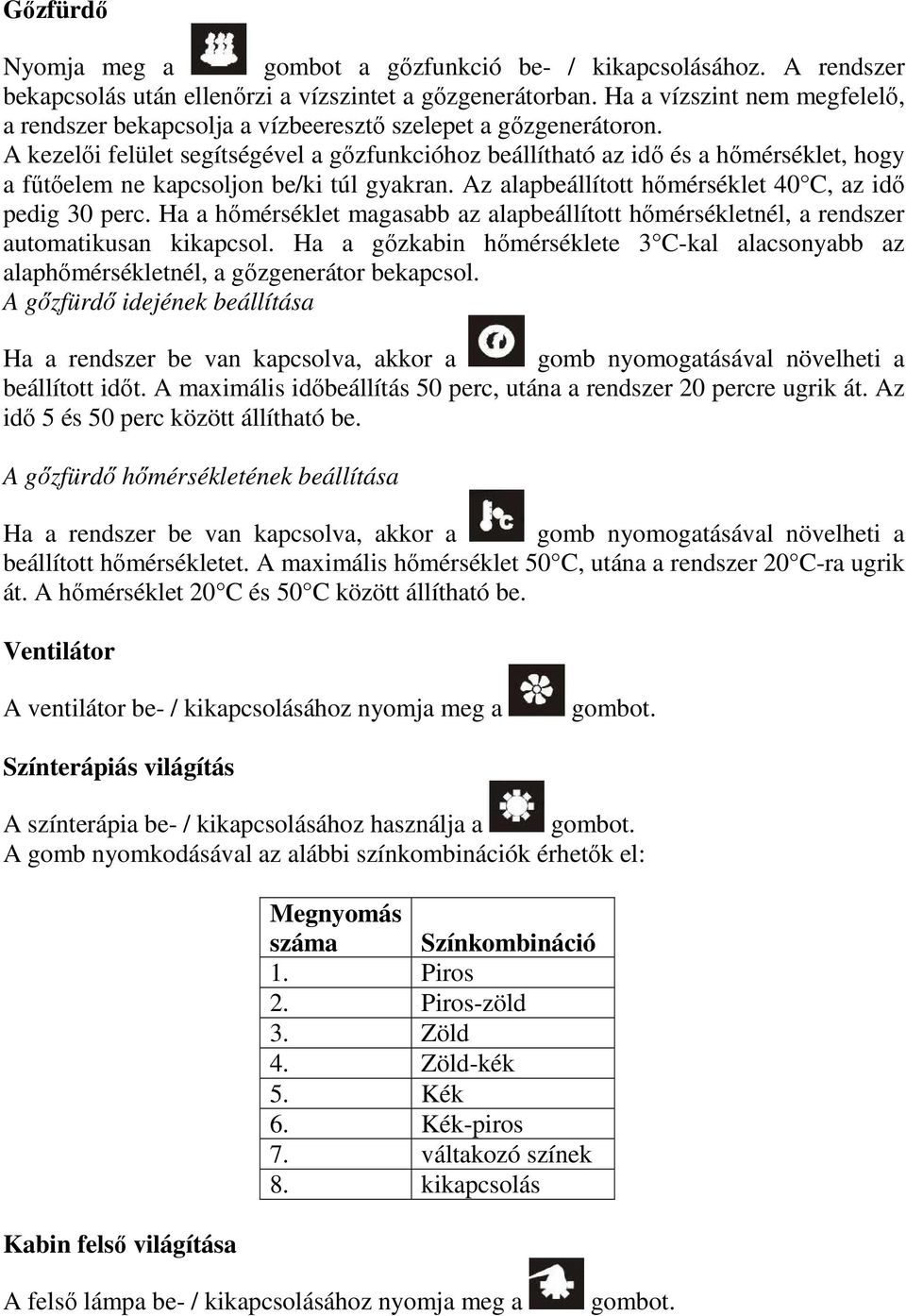 A kezelői felület segítségével a gőzfunkcióhoz beállítható az idő és a hőmérséklet, hogy a fűtőelem ne kapcsoljon be/ki túl gyakran. Az alapbeállított hőmérséklet 40 C, az idő pedig 30 perc.