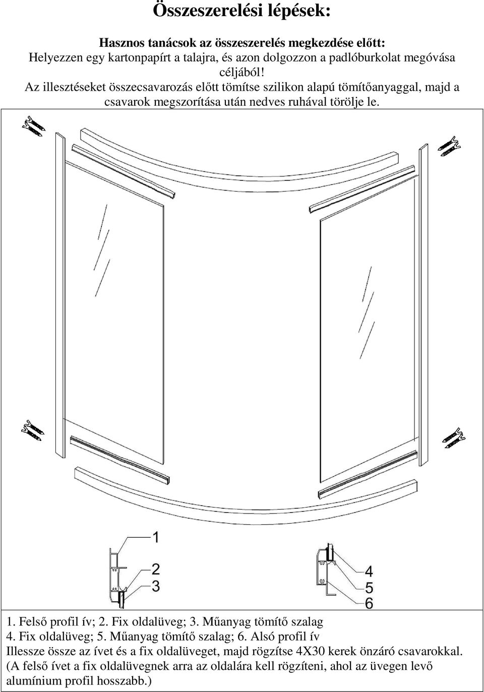 Felső profil ív; 2. Fix oldalüveg; 3. Műanyag tömítő szalag 4. Fix oldalüveg; 5. Műanyag tömítő szalag; 6.