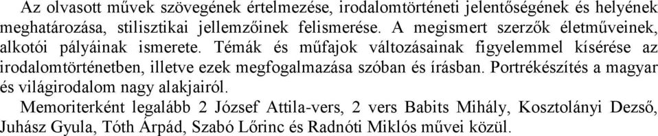 Témák és műfajok változásainak figyelemmel kísérése az irodalomtörténetben, illetve ezek megfogalmazása szóban és írásban.