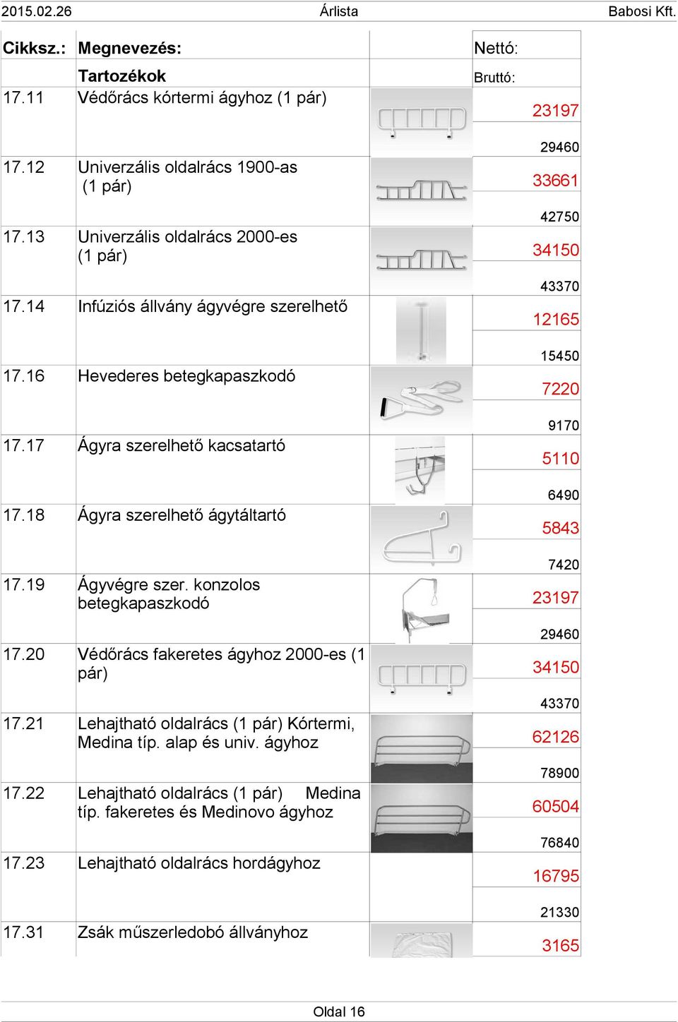 19 17.20 17.21 17.22 Ágyvégre szer. konzolos betegkapaszkodó Védőrács fakeretes ágyhoz 2000-es (1 pár) Lehajtható oldalrács (1 pár) Kórtermi, Medina típ. alap és univ.