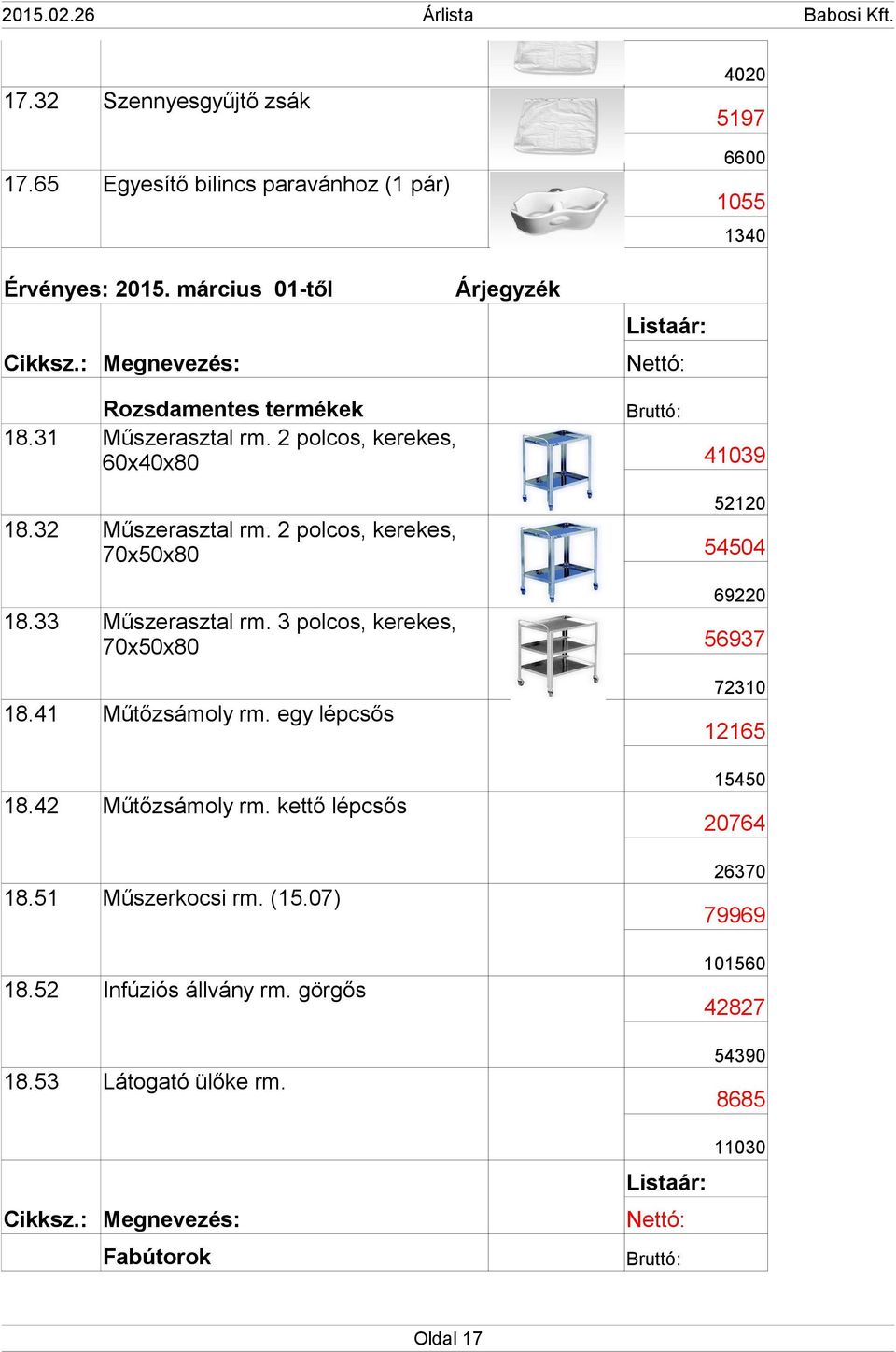 32 Műszerasztal rm. 2 polcos, kerekes, 70x50x80 52120 54504 18.33 Műszerasztal rm. 3 polcos, kerekes, 70x50x80 69220 56937 18.41 Műtőzsámoly rm.