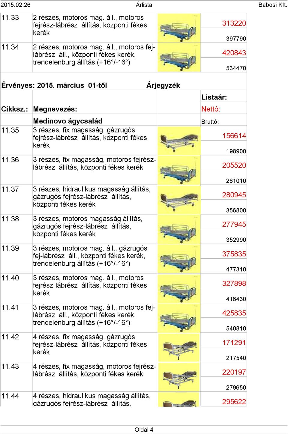 36 Medinovo ágycsalád 3 részes, fix magasság, gázrugós fejrész-lábrész állítás, központi fékes kerék 3 részes, fix magasság, motoros fejrészlábrész állítás, központi fékes kerék 156614 198900 205520