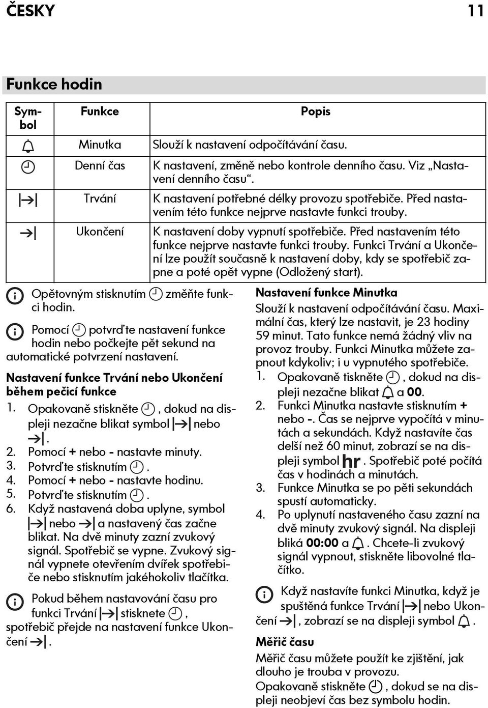 Opakovaně stiskněte, dokud na displeji nezačne blikat symbol nebo. 2. Pomocí + nebo - nastavte minuty. 3. Potvrďte stisknutím. 4. Pomocí + nebo - nastavte hodinu. 5. Potvrďte stisknutím. 6.