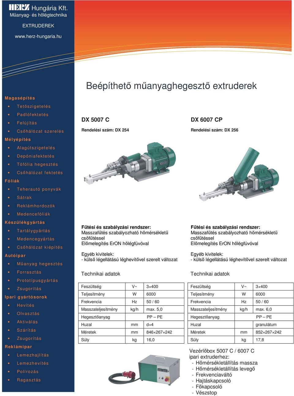 5,0 Hegesztőanyag Huzal mm d=4 PP PE Méretek mm 846 267 242 Súly kg 16,0 DX 6007 CP Rendelési szám: DX 256 Fűtési és szabályzási rendszer: Masszafűtés szabályozható hőmérsékletű csőfűtéssel