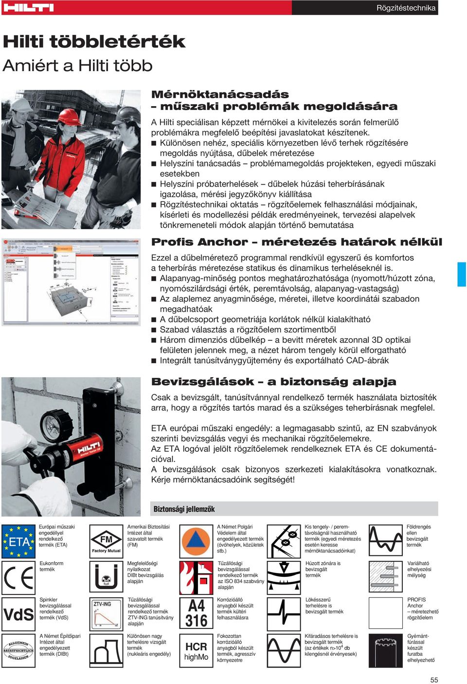 sza ki ese tek ben Helyszíni pró ba ter he lé sek dûbelek hú zá si te her bí rá sá nak iga zo lá sa, mé ré si jegy zô könyv ki ál lí tá sa Rögzítéstechnikai ok ta tás rögzítôelemek fel hasz ná lá si