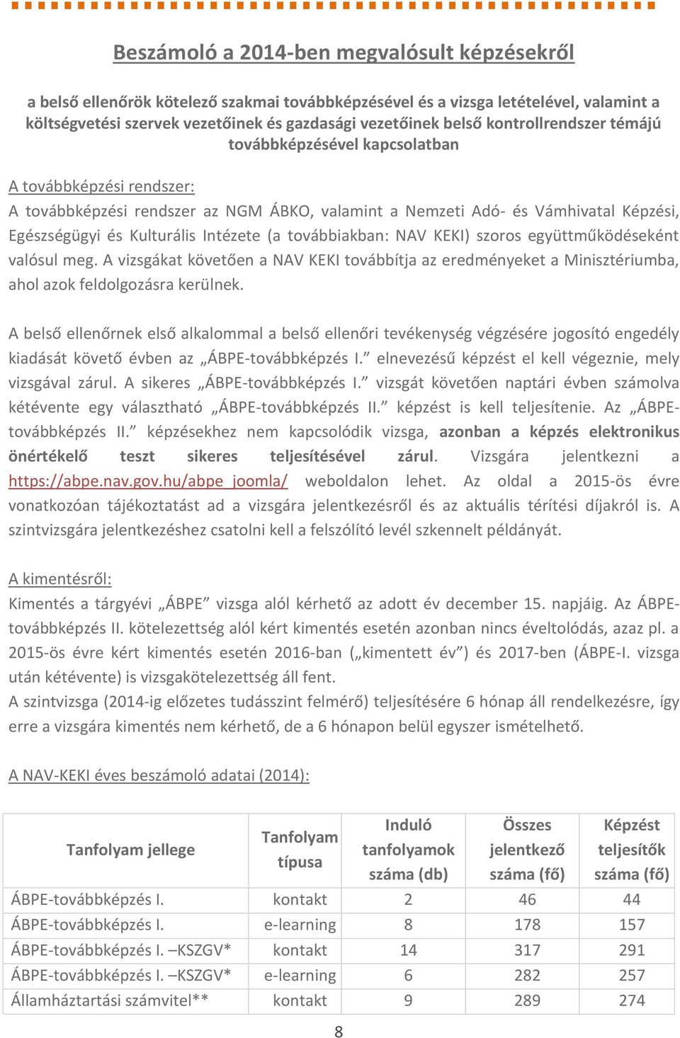 Intézete (a továbbiakban: NAV KEKI) szoros együttműködéseként valósul meg. A vizsgákat követően a NAV KEKI továbbítja az eredményeket a Minisztériumba, ahol azok feldolgozásra kerülnek.