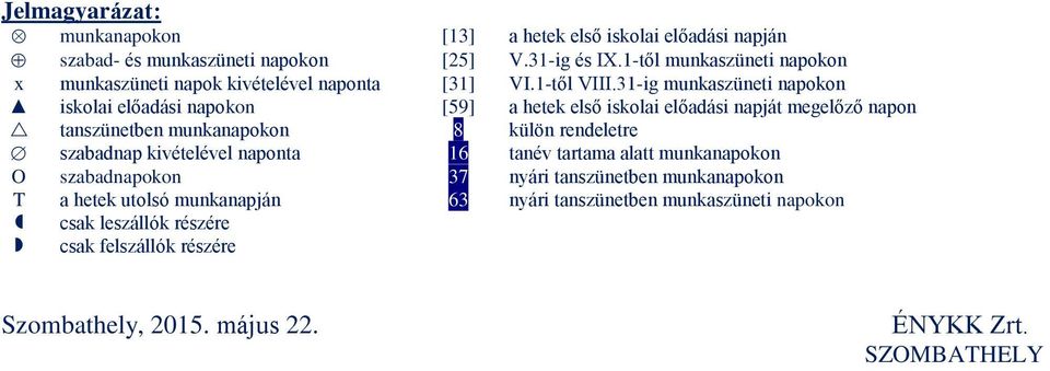 31-ig munkaszüneti napokon iskolai előadási napokon [59] a hetek első iskolai előadási napját megelőző napon tanszünetben munkanapokon 8 külön rendeletre