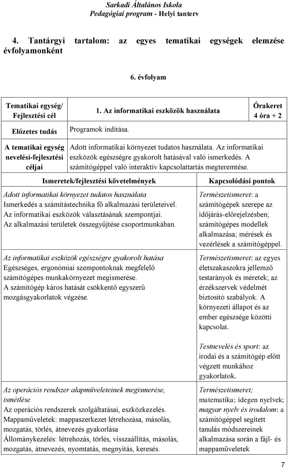 A számítógéppel való interaktív kapcsolattartás megteremtése. Adott informatikai környezet tudatos használata Ismerkedés a számítástechnika fő alkalmazási területeivel.