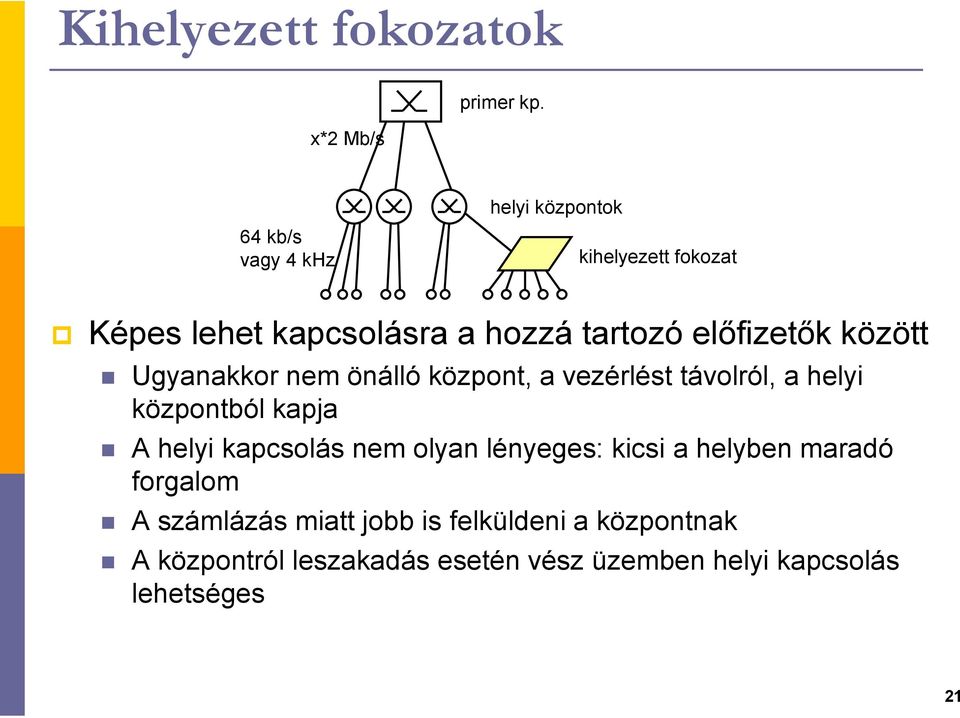 között Ugyanakkor nem önálló központ, a vezérlést távolról, a helyi központból kapja A helyi kapcsolás nem