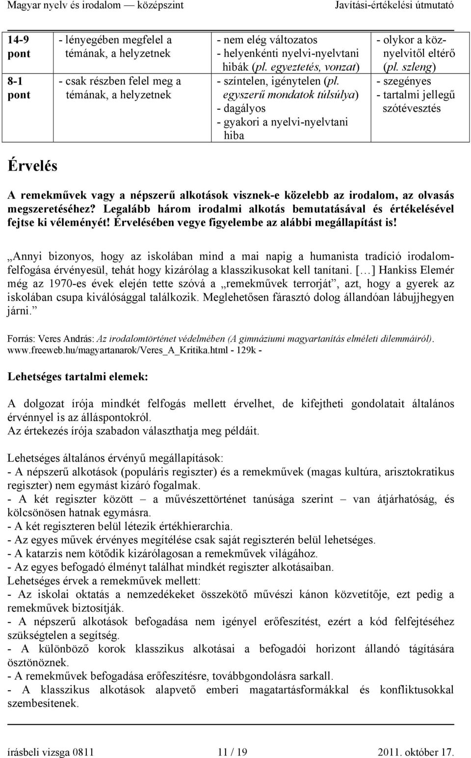 szleng) - szegényes - tartalmi jellegű szótévesztés Érvelés A remekművek vagy a népszerű alkotások visznek-e közelebb az irodalom, az olvasás megszeretéséhez?