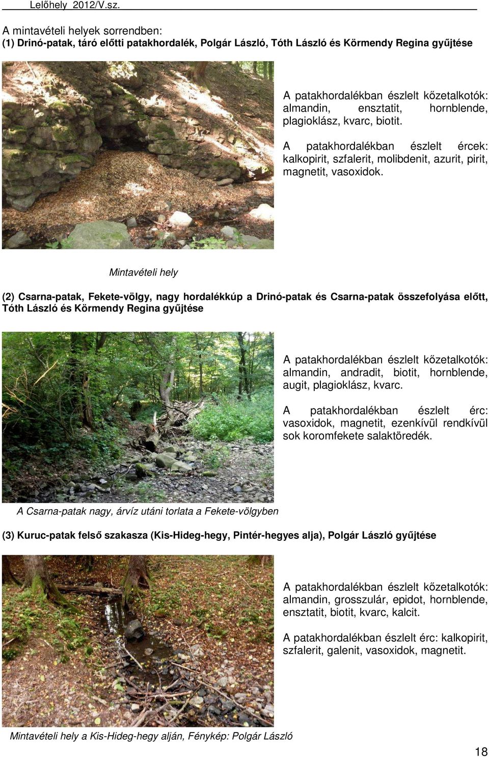 hornblende, plagioklász, kvarc, biotit. A patakhordalékban észlelt ércek: kalkopirit, szfalerit, molibdenit, azurit, pirit, magnetit, vasoxidok.