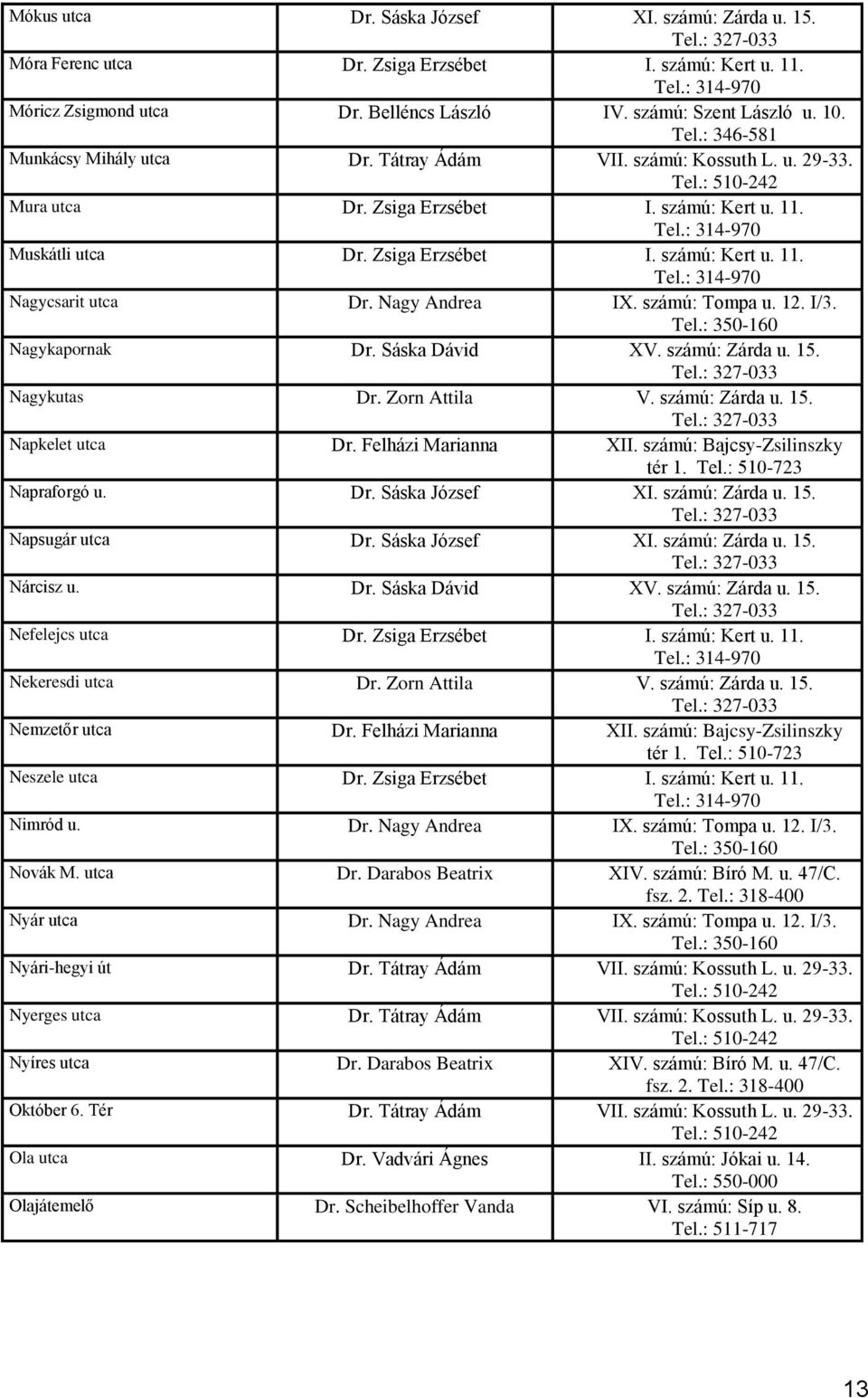 Nagy Andrea IX. számú: Tompa u. 12. I/3. Nagykapornak Dr. Sáska Dávid XV. számú: Zárda u. 15. Nagykutas Dr. Zorn Attila V. számú: Zárda u. 15. Napkelet utca Dr. Felházi Marianna XII.