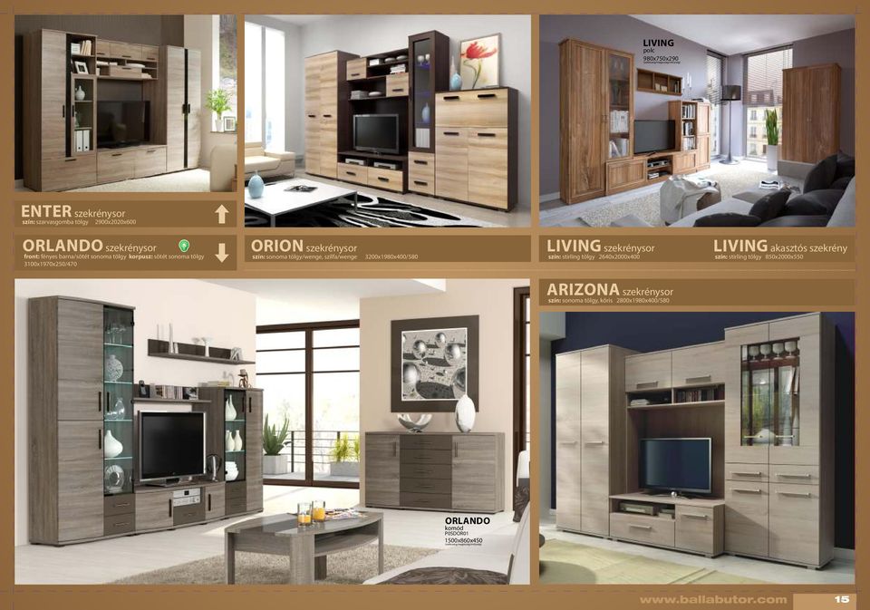 tölgy/wenge, szilfa/wenge 3200x1980x400/580 LIVING sor szín: stirling tölgy 2640x2000x400 LIVING