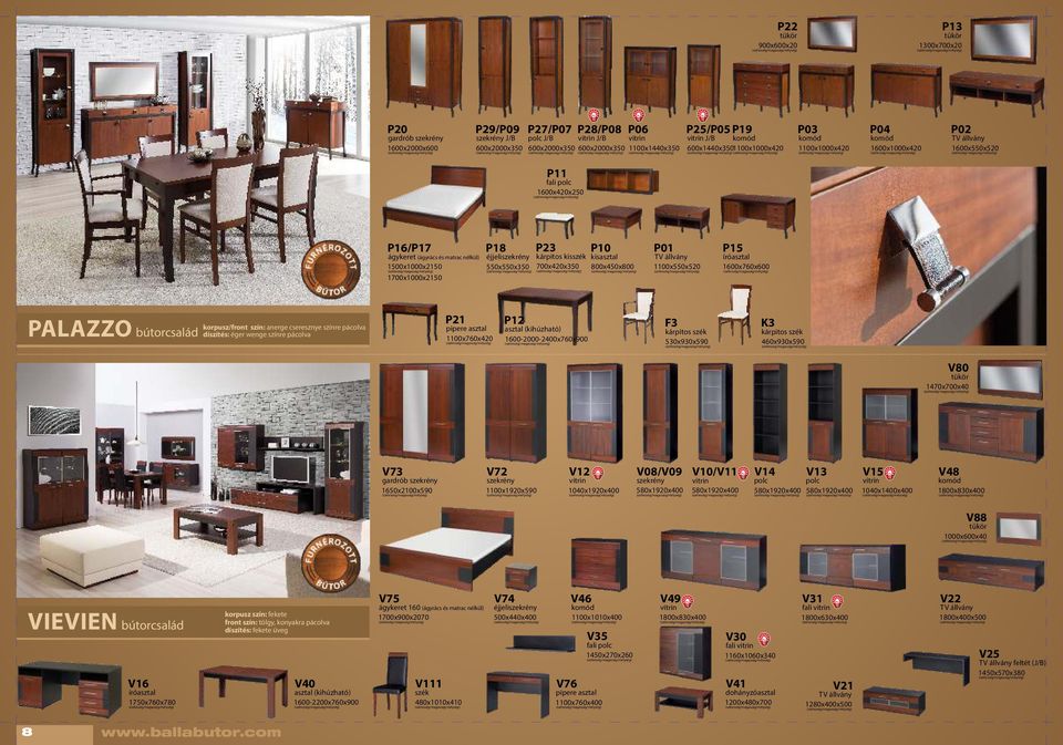 700x420x350 P10 kisasztal 800x450x800 P01 1100x550x520 P15 1600x760x600 PALAZZO bútorcsalád korpusz/front szín: anerge cseresznye színre pácolva díszítés: éger wenge színre pácolva P21 pipere asztal
