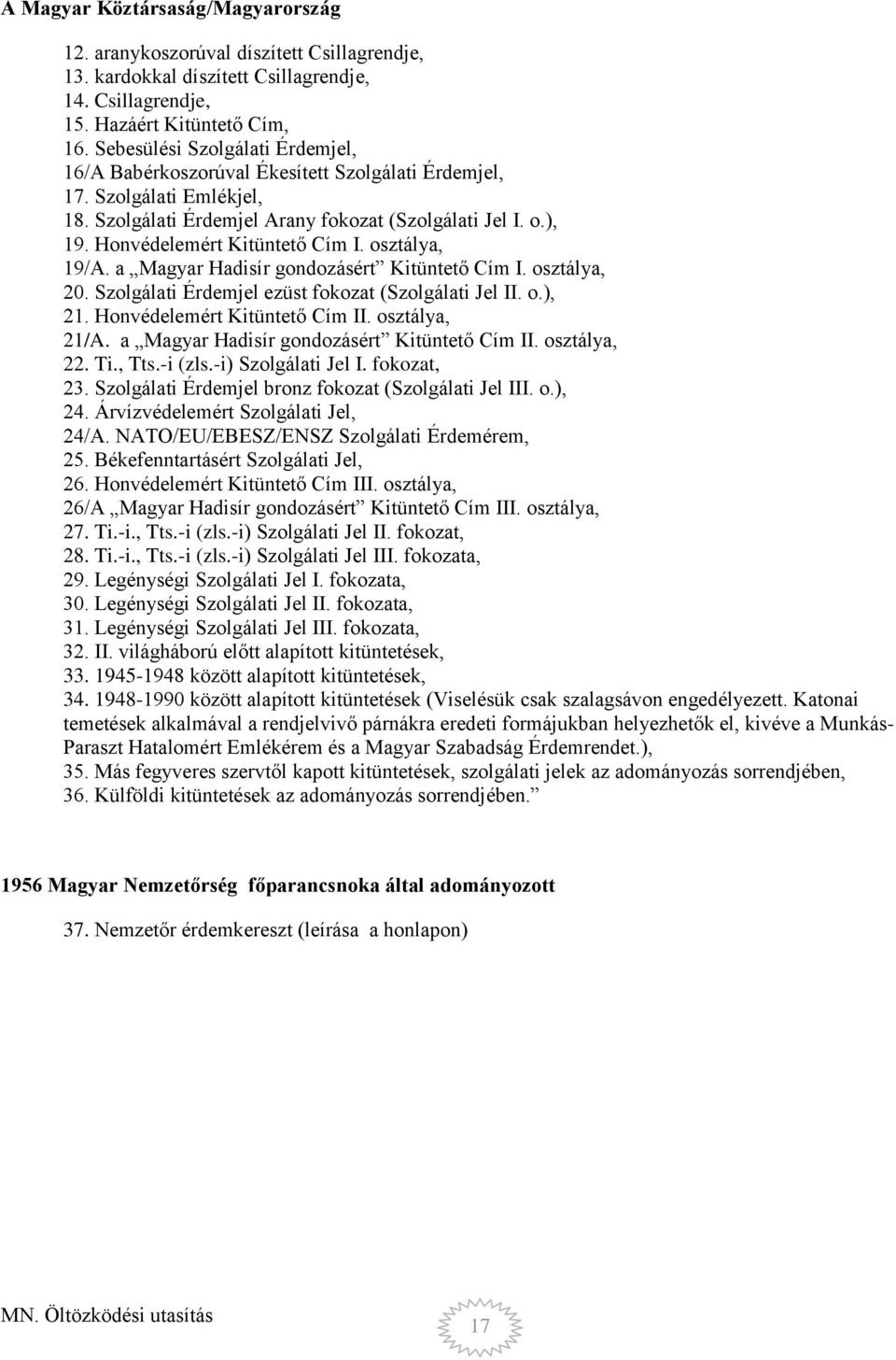 Honvédelemért Kitüntető Cím I. osztálya, 19/A. a Magyar Hadisír gondozásért Kitüntető Cím I. osztálya, 20. Szolgálati Érdemjel ezüst fokozat (Szolgálati Jel II. o.), 21.