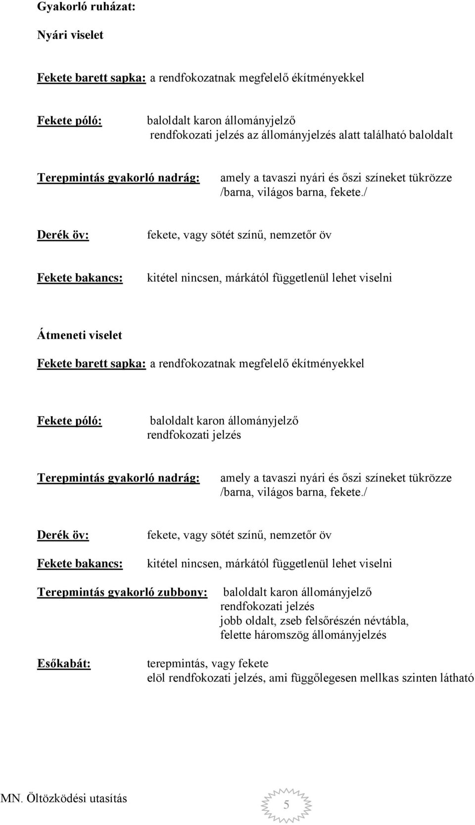 / Derék öv: fekete, vagy sötét színű, nemzetőr öv Fekete bakancs: Átmeneti viselet Fekete barett sapka: a rendfokozatnak megfelelő ékítményekkel Fekete póló: baloldalt karon állományjelző