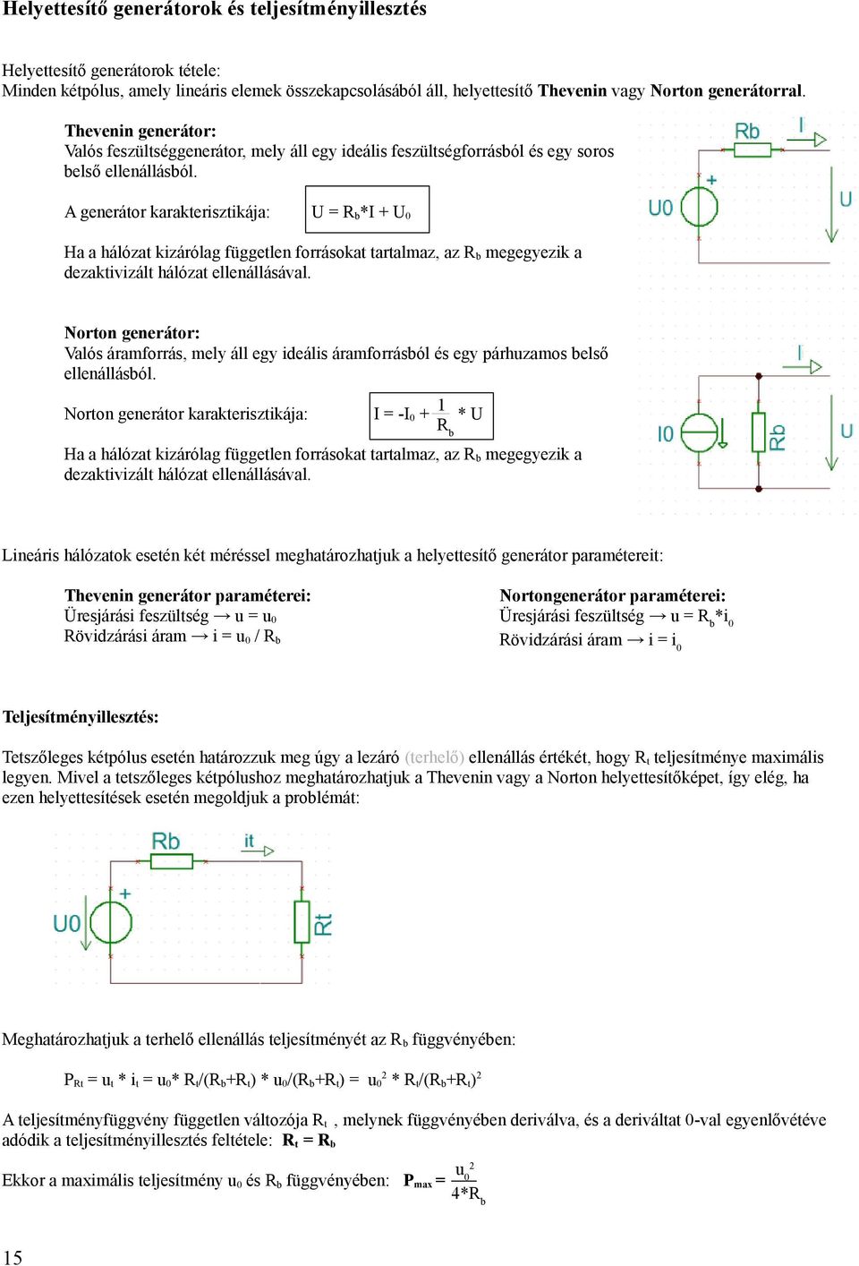 A generátor karakterisztikája: U = Rb*I + U0 Ha a hálózat kizárólag független forrásokat tartalmaz, az Rb megegyezik a dezaktivizált hálózat ellenállásával.