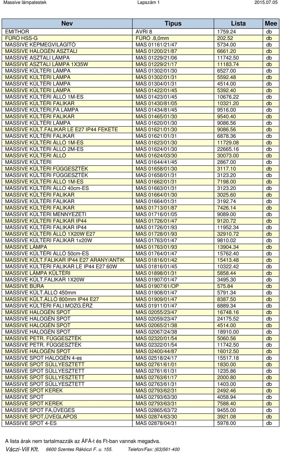 00 db MASSIVE KÜLTÉRI LÁMPA MAS 01302/01/31 5592.48 db MASSIVE KÜLTÉRI LÁMPA MAS 01304/01/31 4514.00 db MASSIVE KÜLTÉRI LÁMPA MAS 01422/01/45 5392.