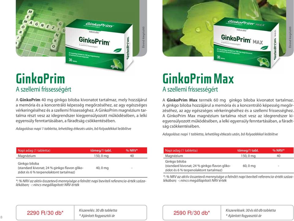 Adagolása: napi 1 tabletta, lehetőleg étkezés után, bő folyadékkal leöblítve GinkoPrim Max A szellemi frissességért A GinkoPrim Max termék 60 mg ginkgo biloba kivonatot tartalmaz.
