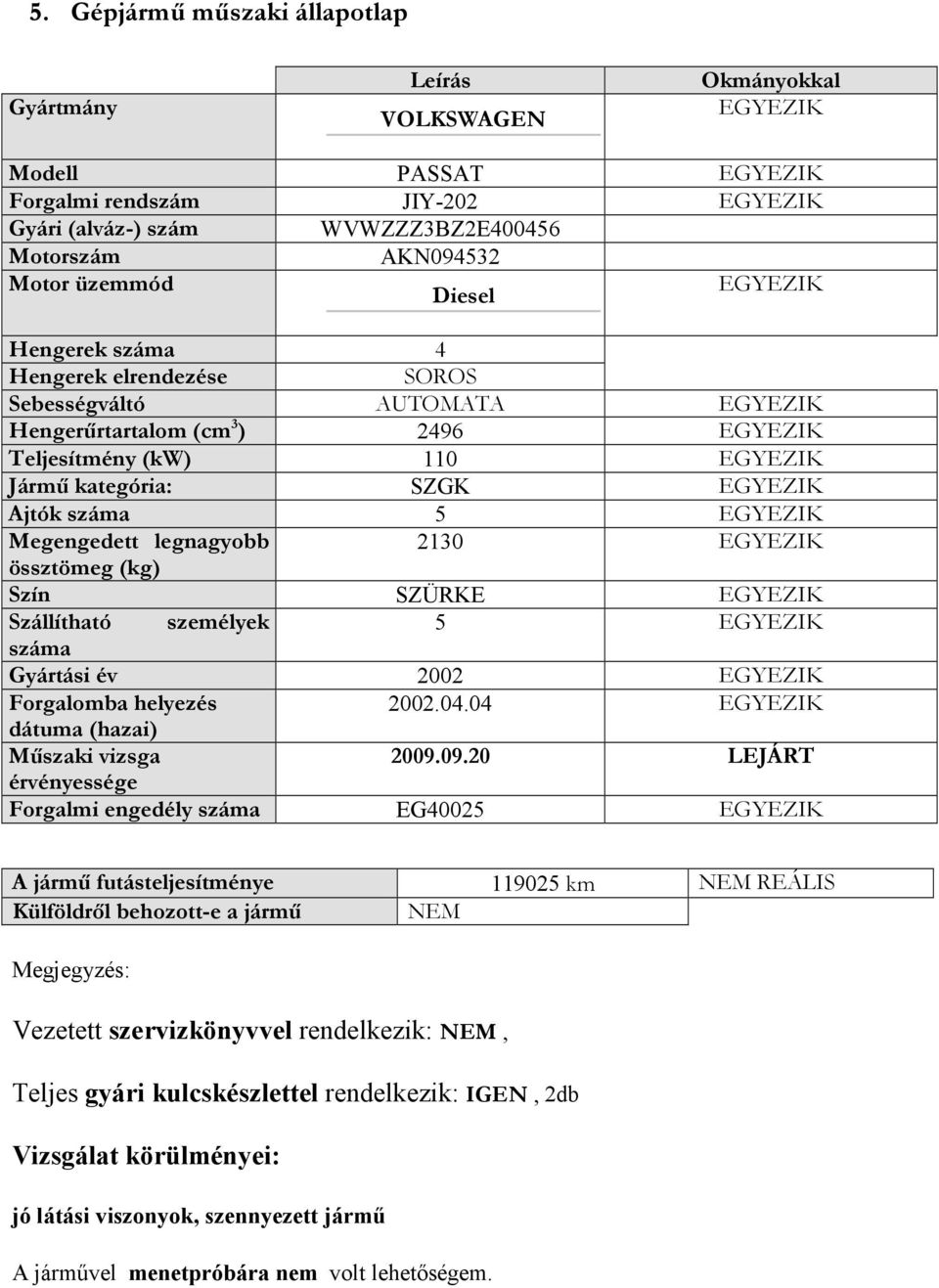 Ajtók száma 5 EGYEZIK Megengedett legnagyobb 2130 EGYEZIK össztömeg (kg) Szín SZÜRKE EGYEZIK Szállítható személyek 5 EGYEZIK száma Gyártási év 2002 EGYEZIK Forgalomba helyezés 2002.04.