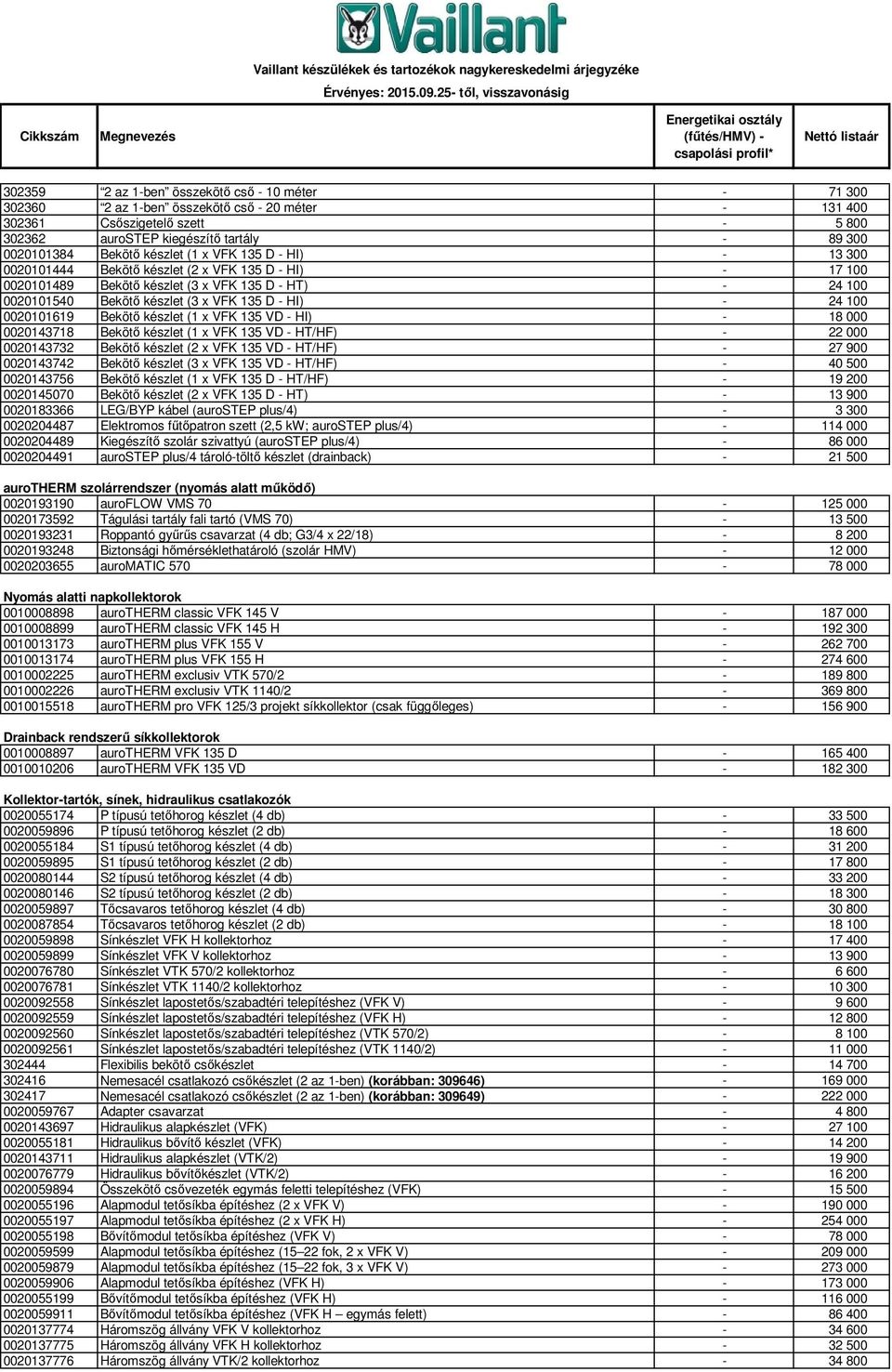 HI) - 24 100 0020101619 Bekötő készlet (1 x VFK 135 VD - HI) - 18 000 0020143718 Bekötő készlet (1 x VFK 135 VD - HT/HF) - 22 000 0020143732 Bekötő készlet (2 x VFK 135 VD - HT/HF) - 27 900